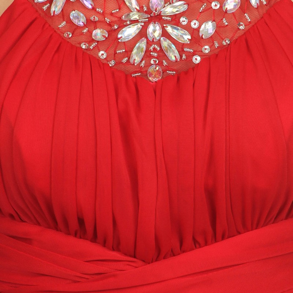 Long Red Chiffon Peek a Boo Sides Jewels Neckline - Picture 4 of 5